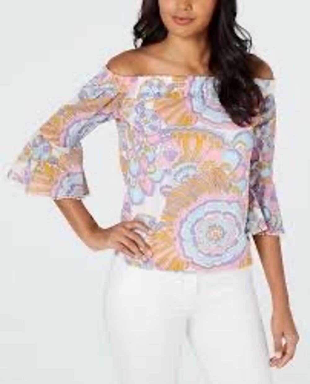 Trina Turk Healdsburg Print Off Shoulder Bell Sleeve Top size Medium
